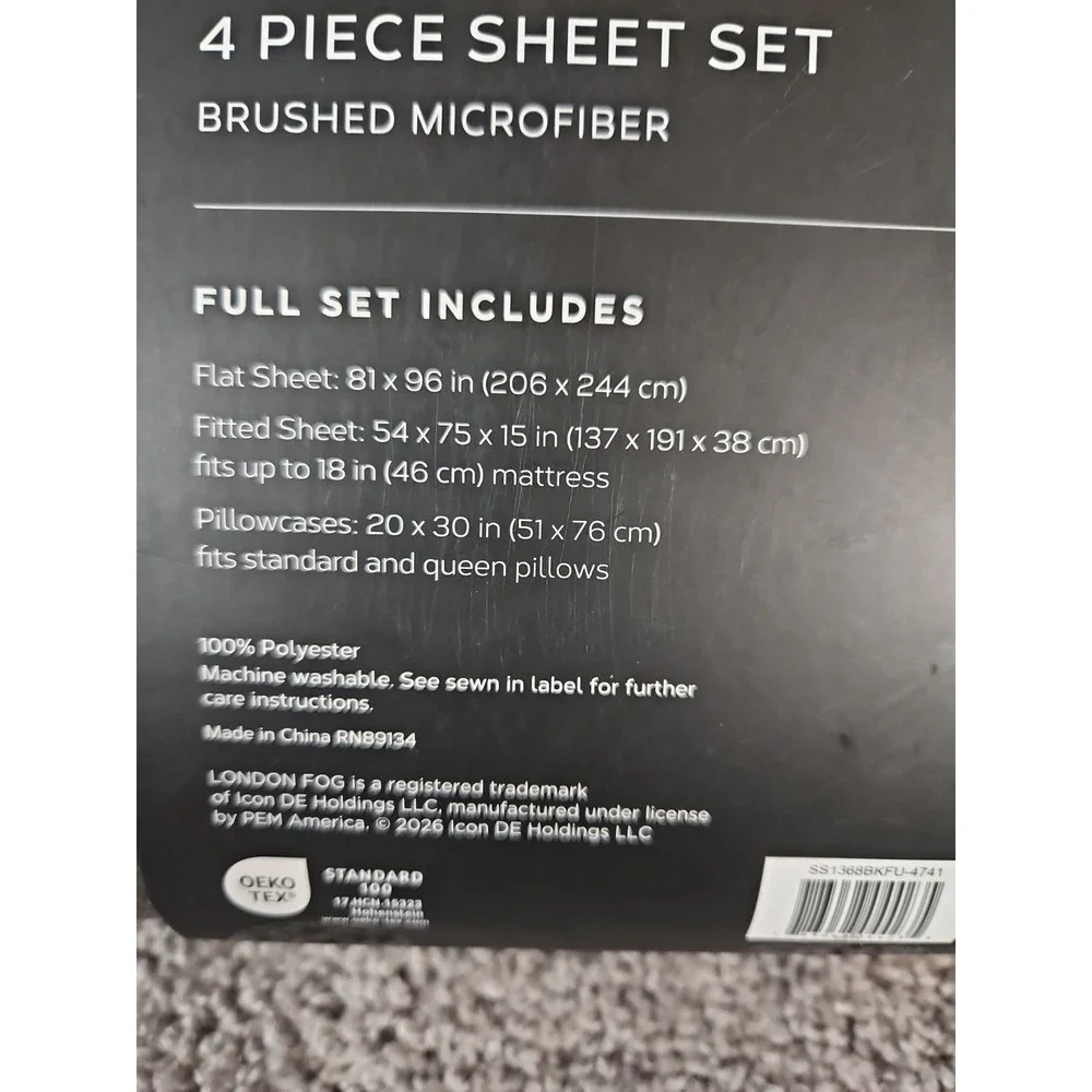 London Fog Home Black Ultra Soft 4 Pc Sheet Set Full Size NWT